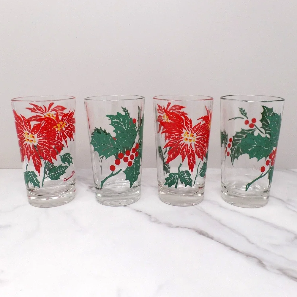 Vintage Christmas Glasses: Poinsettia & Holly - Set of 4 (1960s)